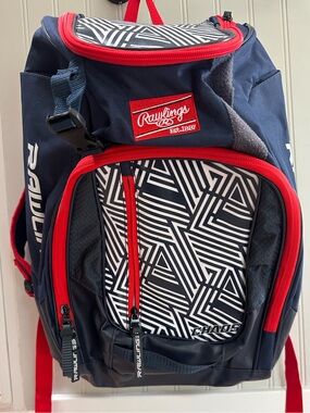 Rawlings Navy, Red & White Geometric Chaos Youth Baseball Backpack.